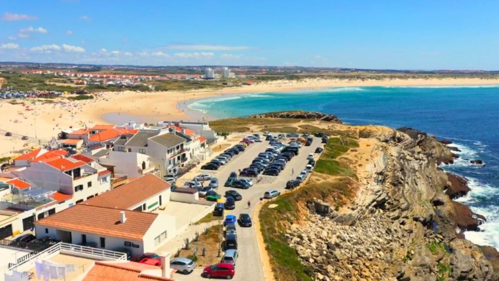 Aerial footage of Baleal near Peniche on the shore of the ocean in the west of Portugal